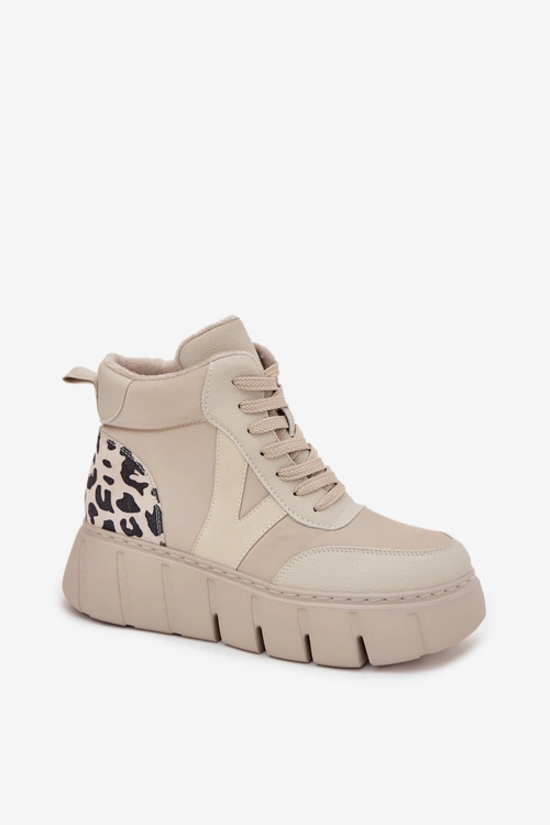 Skórzane Botki Damskie Na Platformie Ocieplane Vinceza 66838 Beżowe