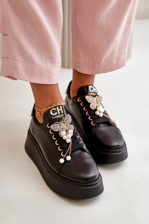 Damskie Skórzane Sneakersy Na Platformie Z Motylem CheBello 4585 Czarne