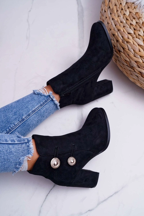 Botki Damskie Zamszowe na Słupku Czarne Barski 73-2