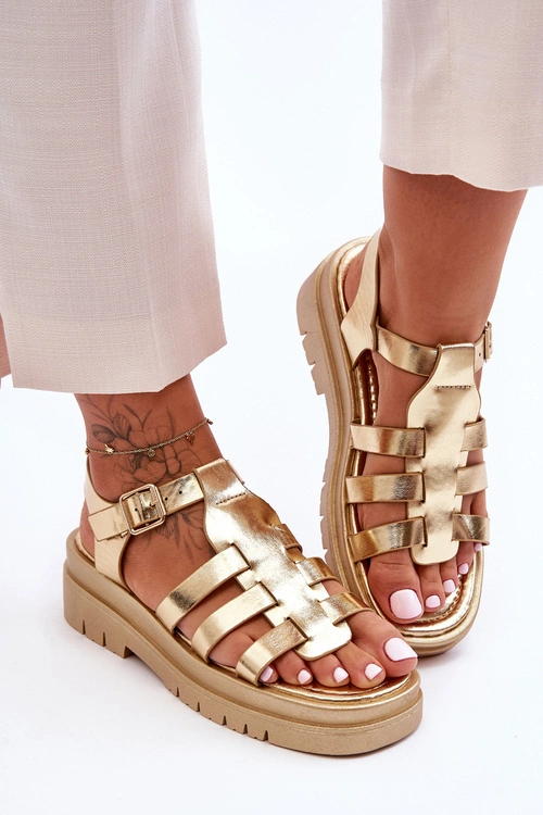 Skórzane Płaskie Sandały Z Paseczkami Złote Diosa