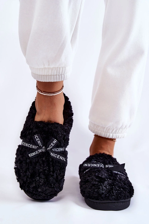 Damskie Futrzane Papcie Z Kokardką Czarne Ryana