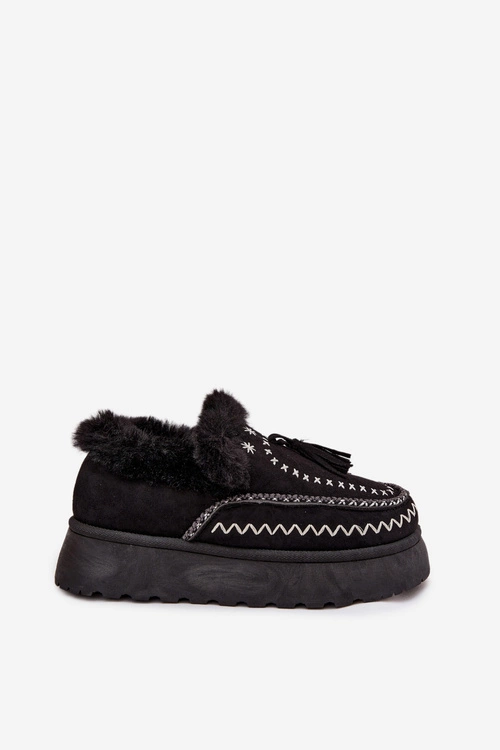 Śniegowce Damskie Na Platformie Z Futerkiem I Frędzlami Czarne Ferayne