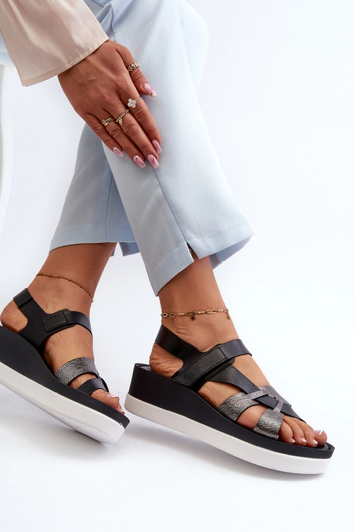 Zazoo 40397 Damskie Skórzane Sandały Na Platformie Czarne