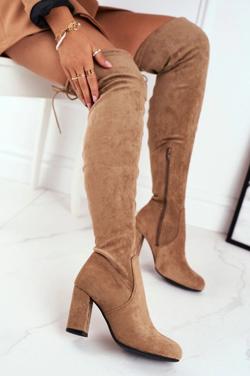 Kozaki Damskie Zamszowe Na Słupku Beżowe Highso