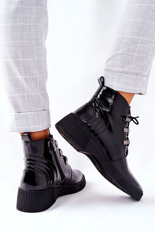 Botki Workery Lakierowane Na Suwak Czarne Vica