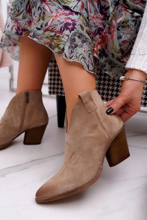 Botki Damskie Beżowe Skórzane na Obcasie Chavai