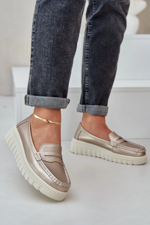 Skórzane Mokasyny Damskie Na Platformie I Koturnie Różowe Złoto Elanindel