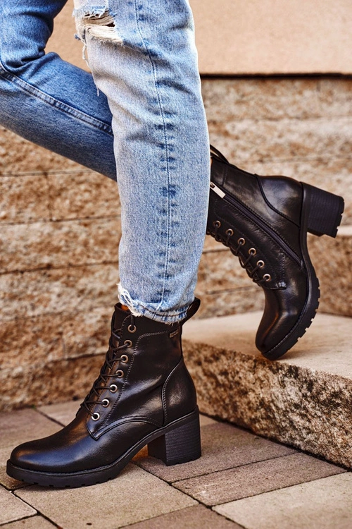 Botki Damskie Na Słupku Ocieplane Czarne Fiber