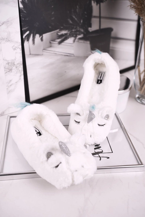 Papcie Damskie Futrzane Jednorożce Białe Rainbow