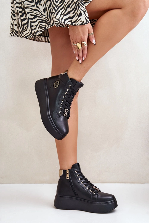 Wysokie Skórzane Sneakersy Damskie Na Platformie Vinceza 66707 Czarne