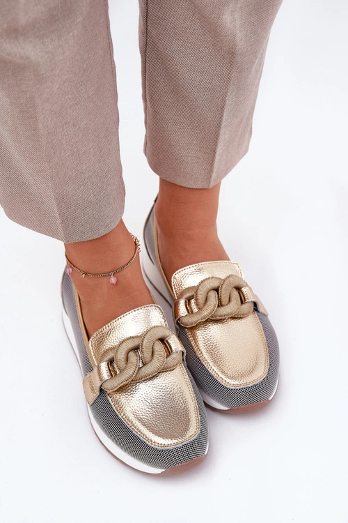 Skórzane Mokasyny Damskie Z Ozdobą D&A LR51-966 Złote