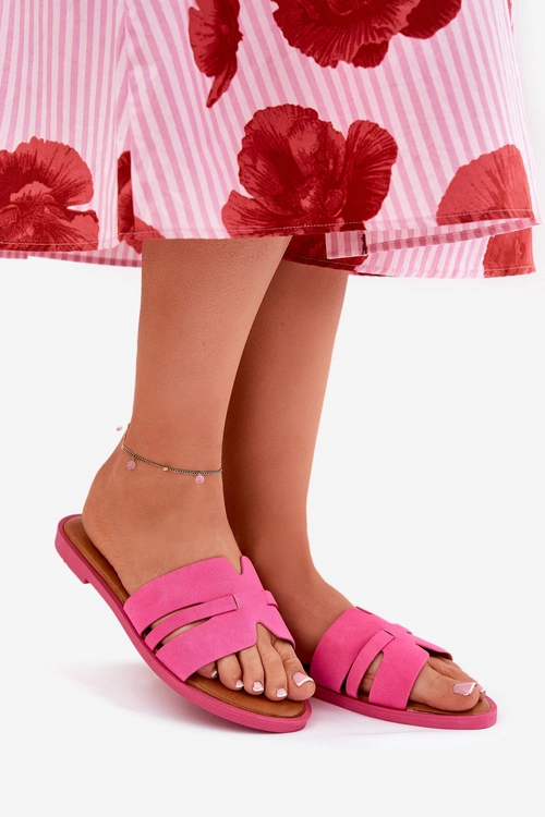 Klapki Damskie Na Płaskim Obcasie Z Wycięciami Eko Zamszowe Fuksja Teterre