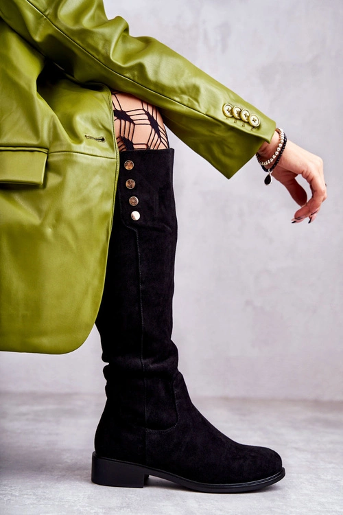 Zamszowe Ocieplane Kozaki Na Płaskim Obcasie Czarne Laura