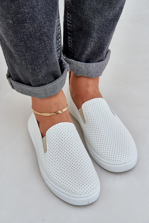 Wsuwane Eko Skórzane Damskie Tenisówki Trampki Z Napisem Jasnobeżowe Zalinne