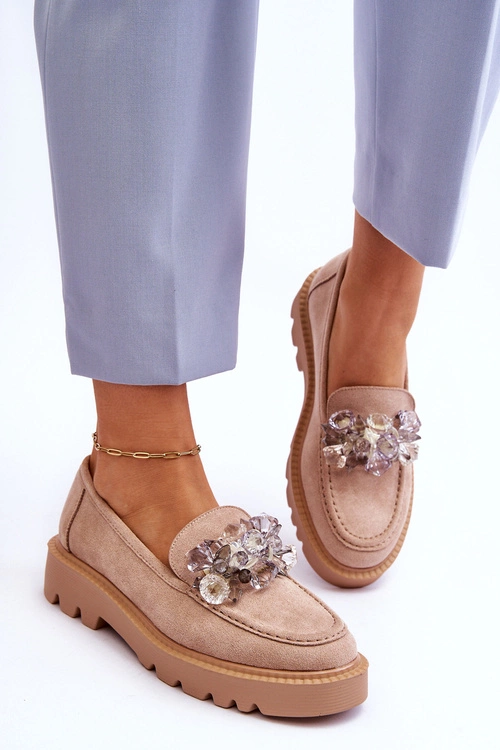 Modne Zamszowe Mokasyny Z Kryształkami Beżowe Demeris