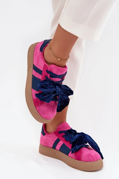 Sneakersy Damskie Z Welurową Kokardą Fuksja Ashlyn