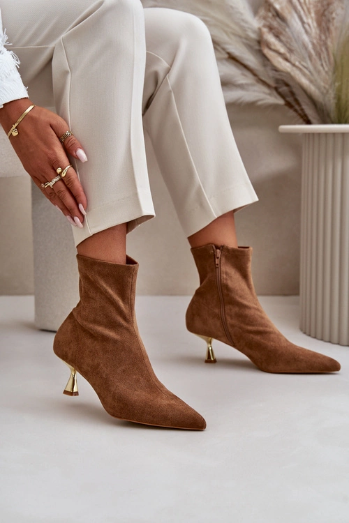 Botki Damskie Na Szpilce Eko Zamszowe Z Noskami W Szpic Camel Irithare