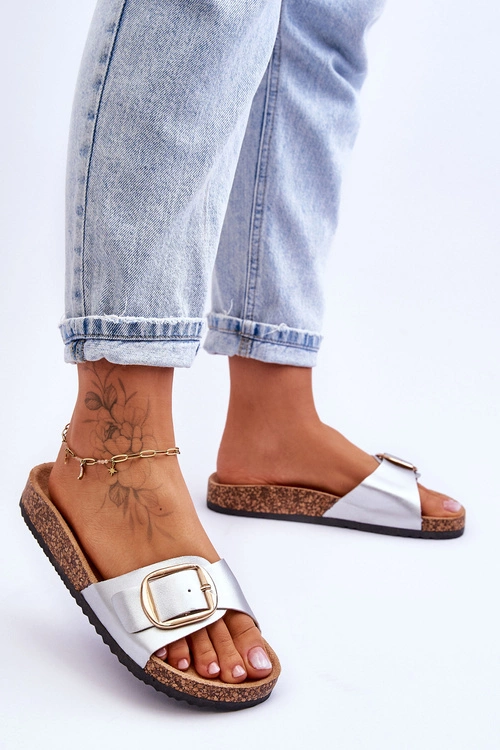 Damskie Klasyczne Klapki Na Korkowej Platformie Srebrne Noa