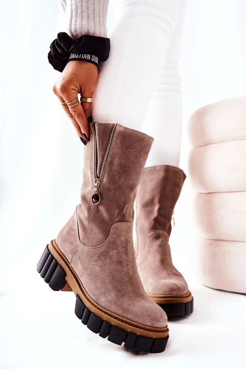 Skórzane Ocieplane Botki Kozaki Cappucino Souffle