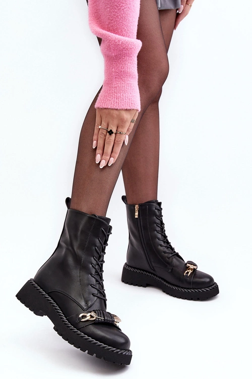 Damskie Skórzane Botki Workery Z Ozdobą Czarne S.Barski MR870-68