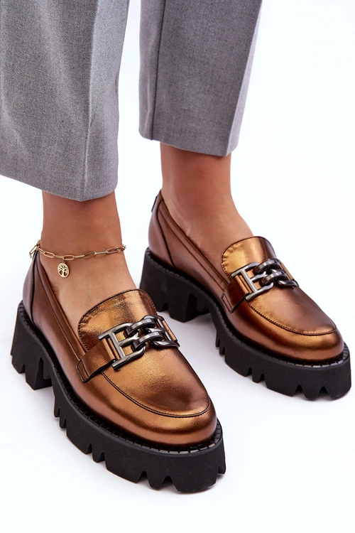 Damskie Skórzane Półbuty Loafersy Z Ozdobą Laura Messi 2699 Złote