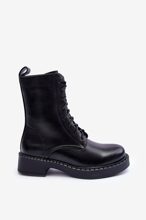 Skórzane Botki Workery Na Płaskim Obcasie Czarne Aganne