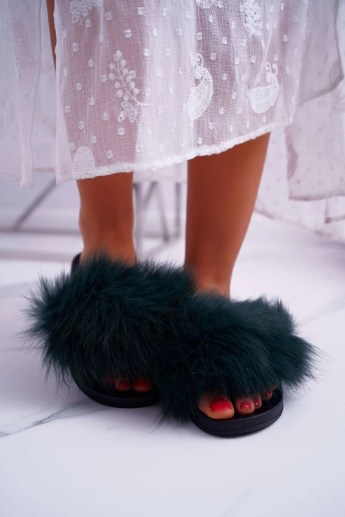 Klapki Damskie Z Futerkiem Zielone Mellow