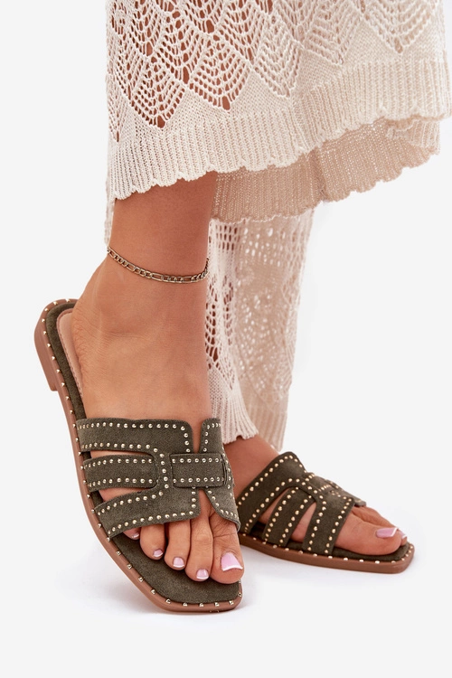 Zdobione Klapki Na Płaskim Obcasie Zielone Anniles