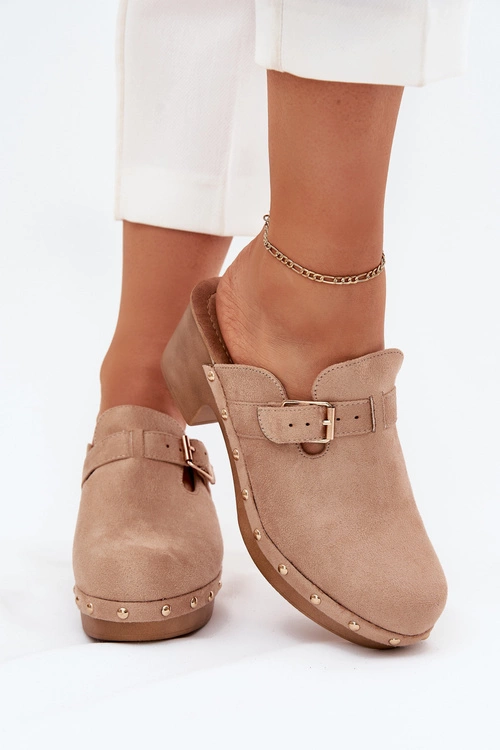 Klapki Chodaki Damskie Na Obcasie Z Klamrą Beżowe Veldexina