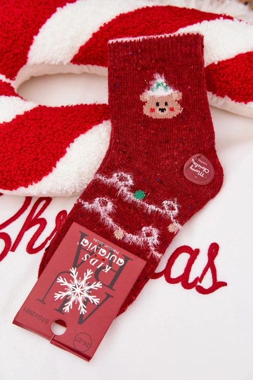 Dziecięce Świąteczne Skarpetki Z Misiem Wełna Alpaka Czerwone