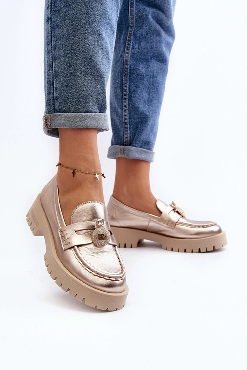 Skórzane Półbuty Mokasyny Z Ozdobą CheBello 4291 Złote