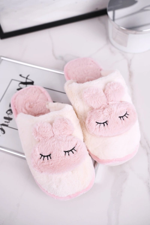 Papcie Damskie Futrzane Biało Różowe Rabbit