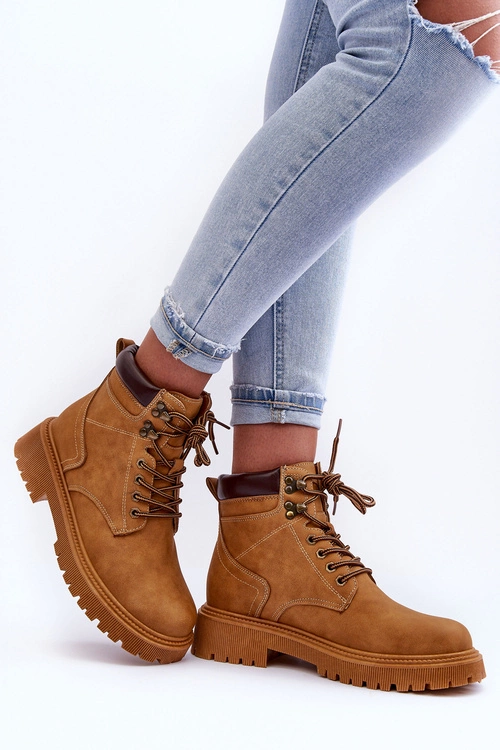 Damskie Skórzane Ocieplane Trapery Brązowe Poles