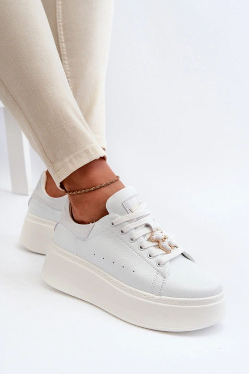 Damskie Skórzane Sneakersy Na Platformie Z Misiem Białe Vinceza 66641