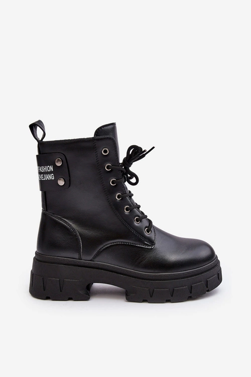Damskie Workery Botki Sznurowane Na Płaskim Obcasie Czarne Brenhile