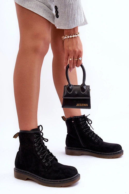 Zamszowe Botki Workery Na Płaskim Obcasie Czarne Asteoris