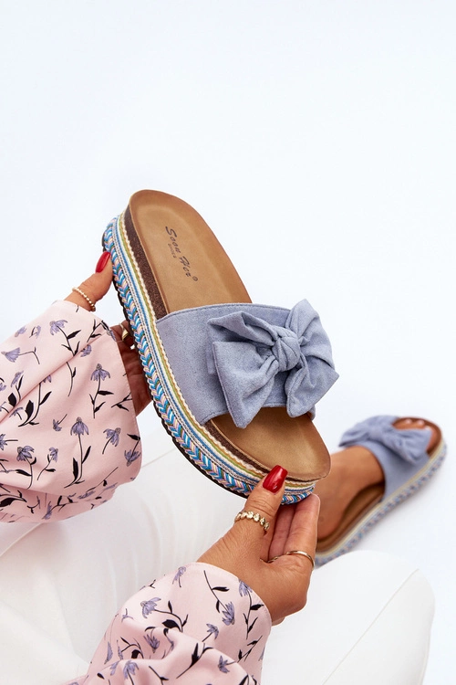 Klapki Damskie Na Platformie Z Kokardą Niebieskie Evatria