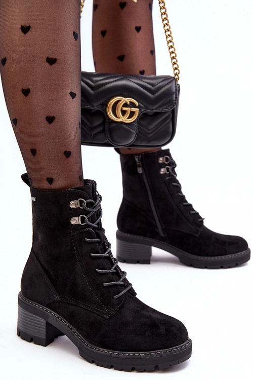 Damskie Botki Na Niskim Obcasie Sznurowane Czarne Adinail