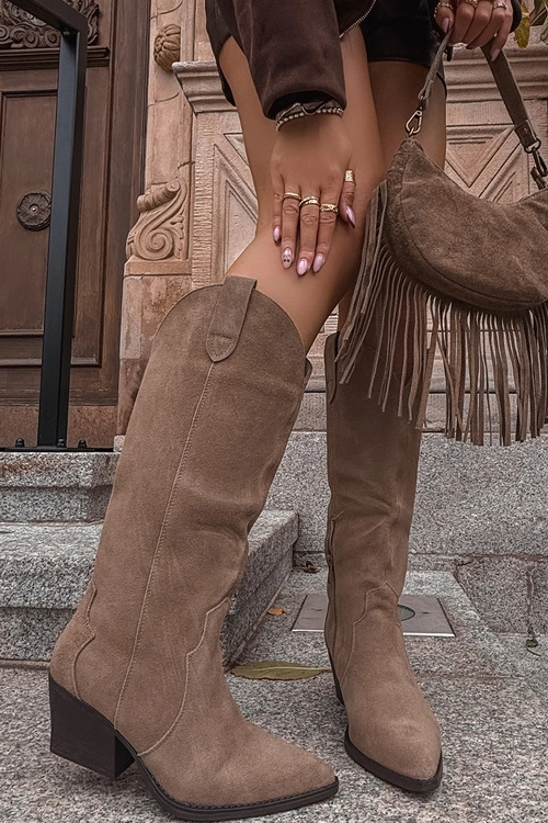 Skórzane Zamszowe Kozaki Kowbojki Damskie Ocieplane Khaki Urselle