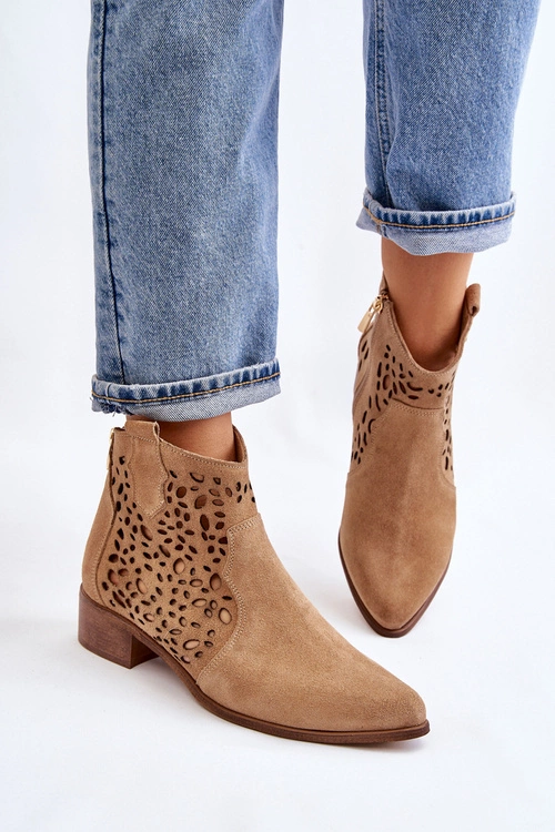 Damskie Ażurowe Botki Lewski Shoes 2909 Ciemnobeżowe