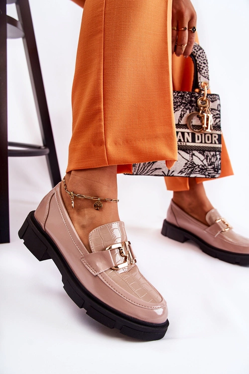 Modne Skórzane Półbuty Loafery Beżowe Loveliness