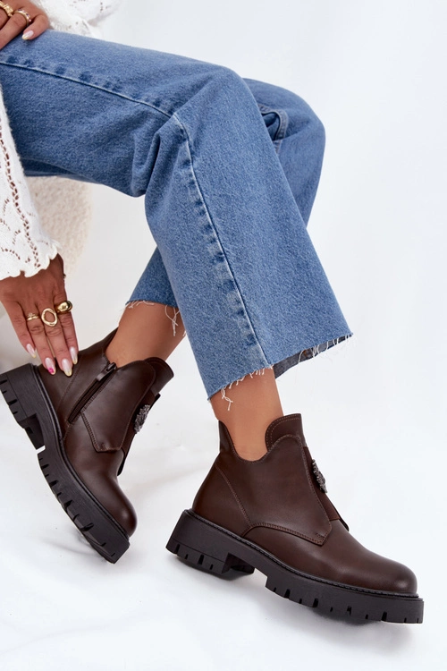 Ocieplane Niskie Botki Damskie Z Ozdobą Na Zamek Brązowe Lavira