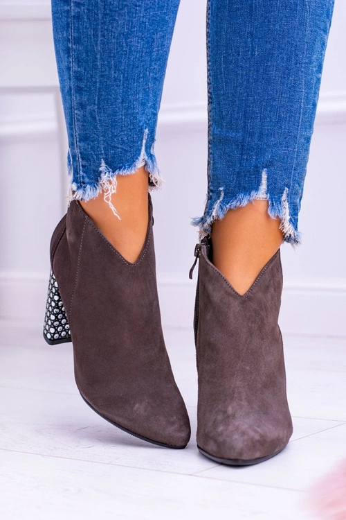 Eleganckie Zamszowe Botki na Słupku Laura Messi Khaki 1849