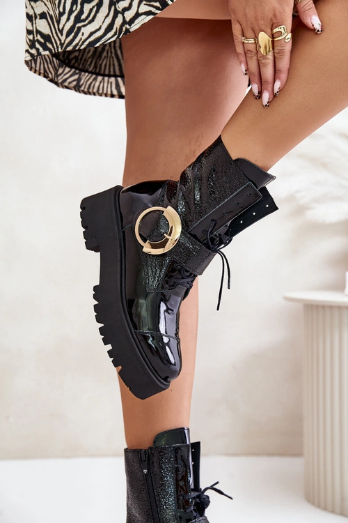 Zazoo 2942 Skórzane Botki Workery Ze Złotą Klamrą Czarne