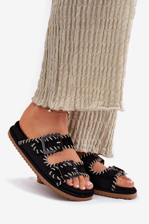 Klapki Damskie Z Klamrami I Ozdobnym Obszyciem Czarne Visley