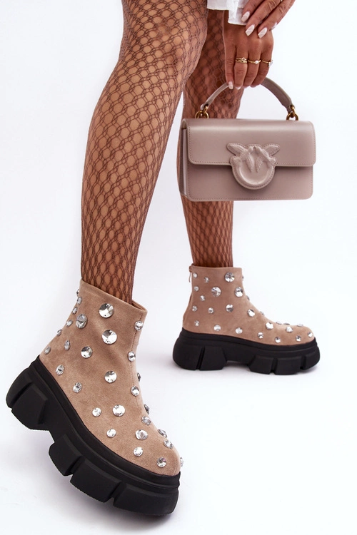 Zamszowe Ocieplane Botki Z Kryształkami D&A MR870-83 Beżowe