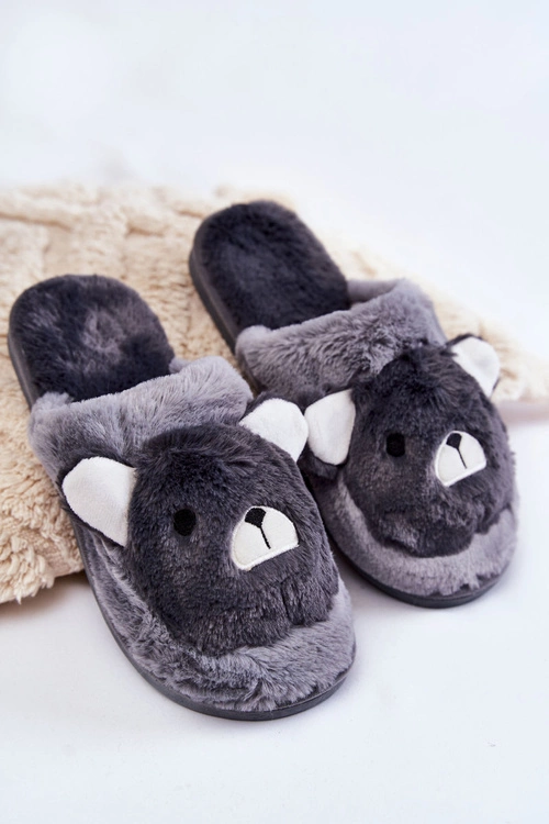 Damskie Futrzane Papcie Z Misiem Szare Solly