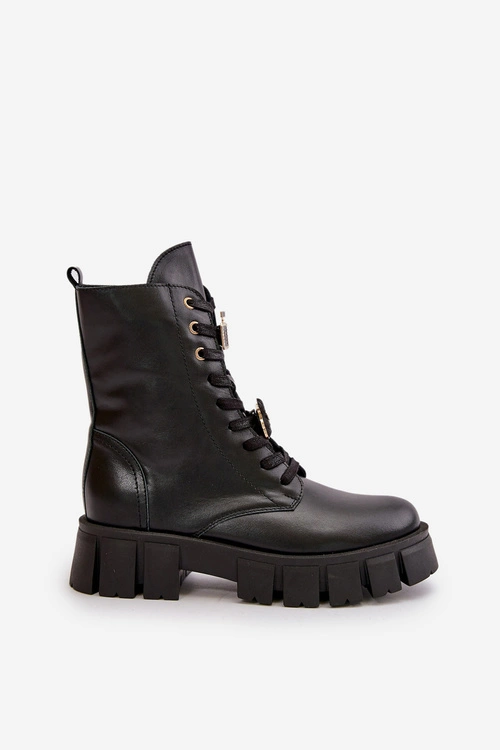 Damskie Skórzane Botki Workery Z Przypinkami CheBello 4247 Czarne