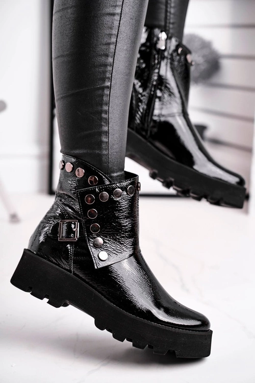 Damskie Botki Skórzane Lakierowane Czarne Exquisite 1199