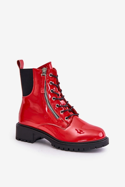 Lakierowane Botki Workery Na Zamek Ocieplane Czerwone Ravanthia